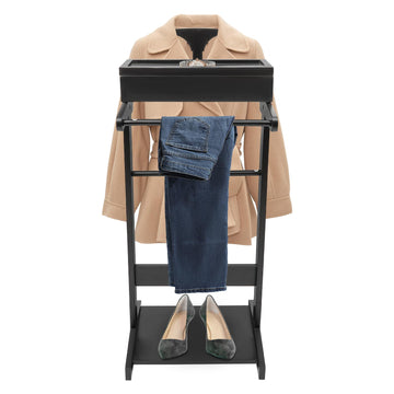Wood Suit Valet Stand for Men, Clothes Organizer with Drawer, Accessory Tray, and Trouser Bar, Freestanding Suit