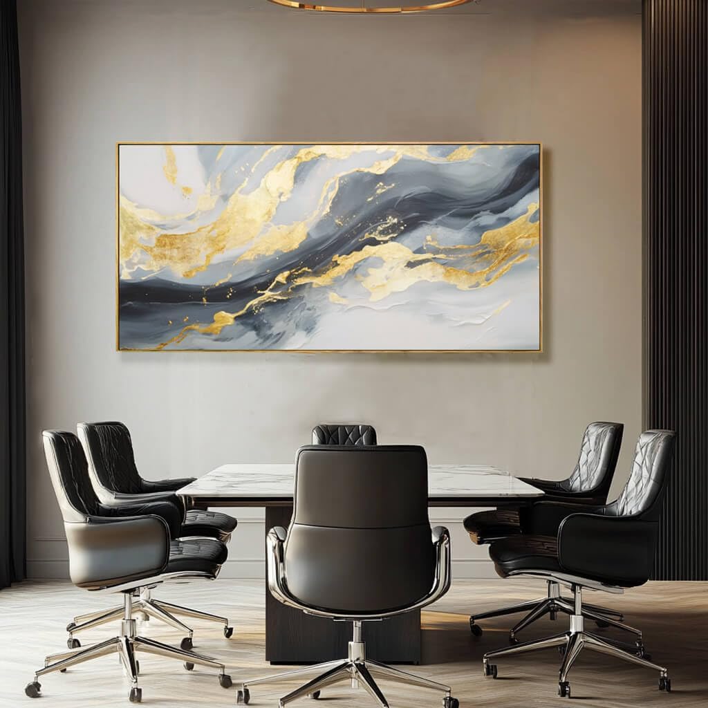 Framed Canvas Pictures Gold Wall Art Abstract Wall Art Blue Decor Metal Arts Large Prints Picture 24"x48" Artwork