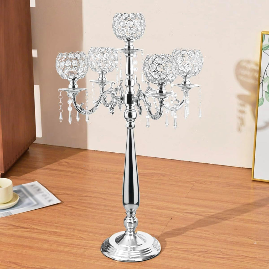 4Sets 5 Arm Crystal Candelabra Centerpieces,29.5Inches Tall Silver Metal Candlestick Holders with 5 Flower Bowl Holdern