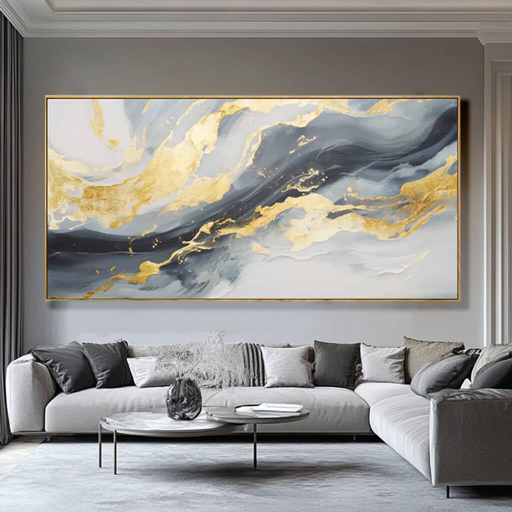 Large Abstract Canvas Wall Art Gold Decoration Blue Painting Bedroom Kitchen Home Office 29x58 Inch