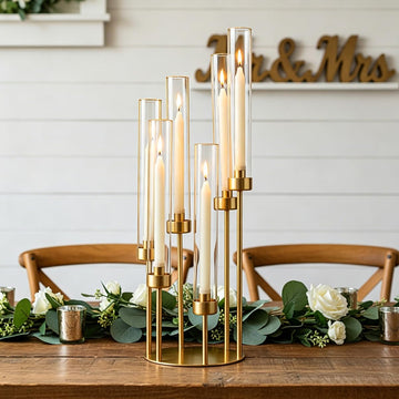 6-Arm Gold Candelabra, 23.96" Tall Candelabra Centerpieces for Tables with Glass Lampshade & Heavy Base, Vintage Gold