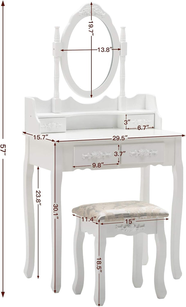 Makeup Vanity Table Set and Cushioned Stool with Oval Mirror, 4 Drawers Dressing Table (White)