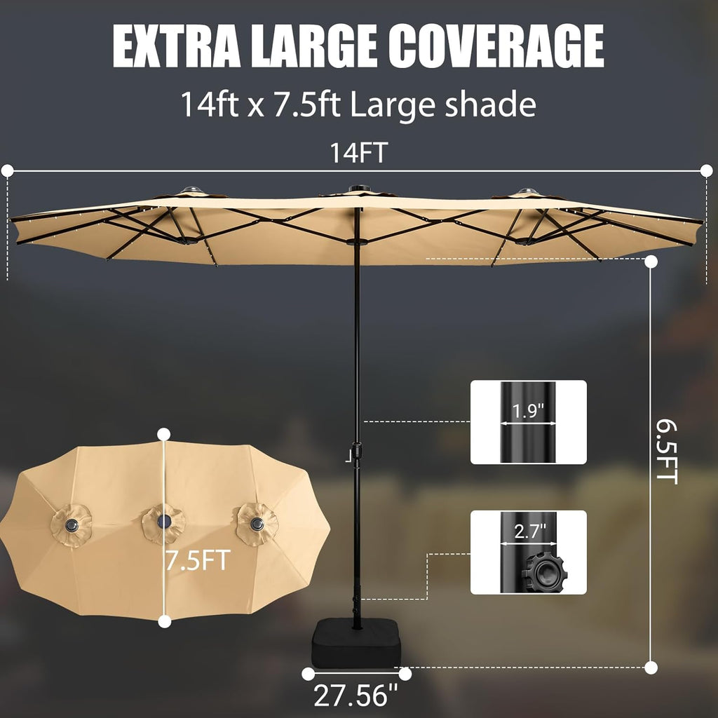 15FT Double-Sided Patio Umbrella with Base Included, Large Outdoor Rectangular Market Umbrella Khaki