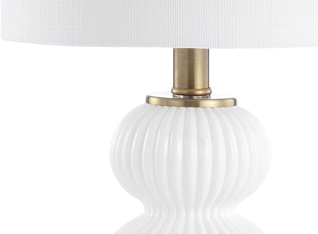 20" White/Brass Gold Ribbed Gourd Glass Table Lamp, Modern Bedside Lamp Living Room, White Linen Drum Shade