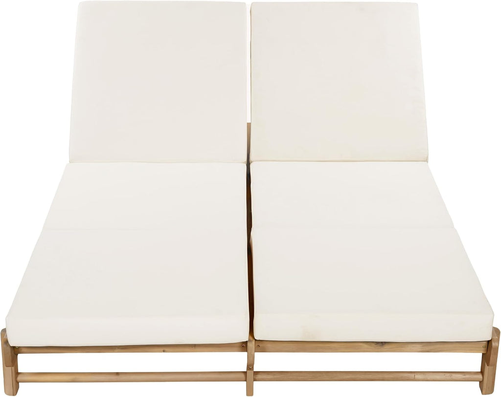 Set of 2 Outdoor Chaise Lounges with 3-Fold Cushions, Acacia Wood Recliner Chair Frame with Slatted Design