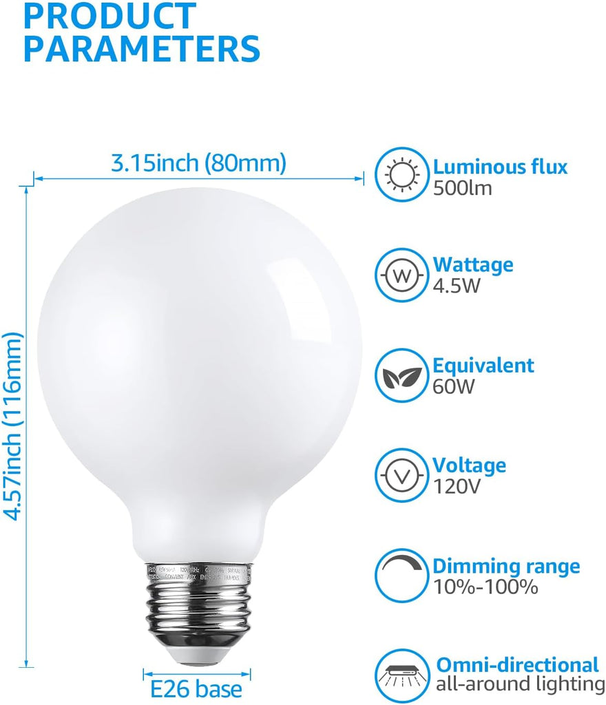 12-Pack G25 Globe Light Bulbs LED Dimmable, Round Frosted Vanity Light Bulb for Bathroom, LED Edison Bulb, 4.5W(60W