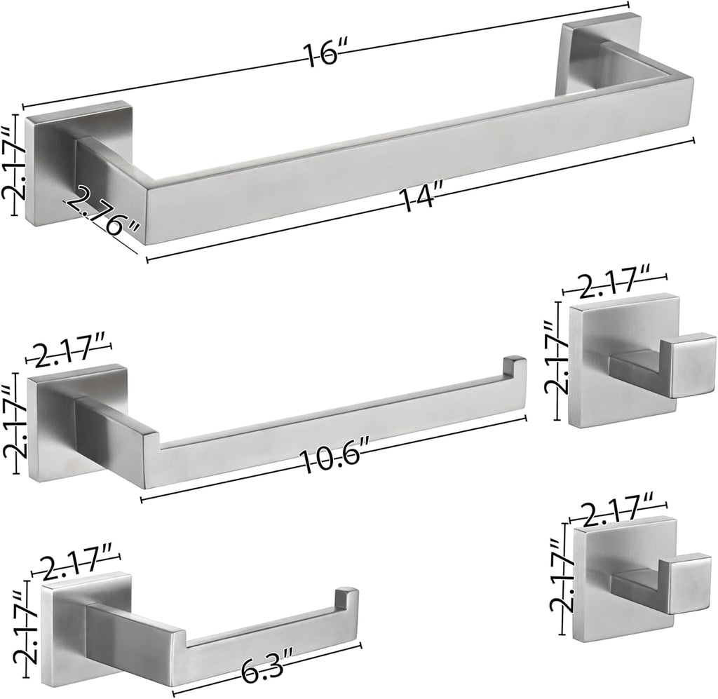 5 Piece Bathroom Hardware Set Brushed Nickel, SUS304 Stainless Steel Towel Bar Set, Modern Square Accessories with 16