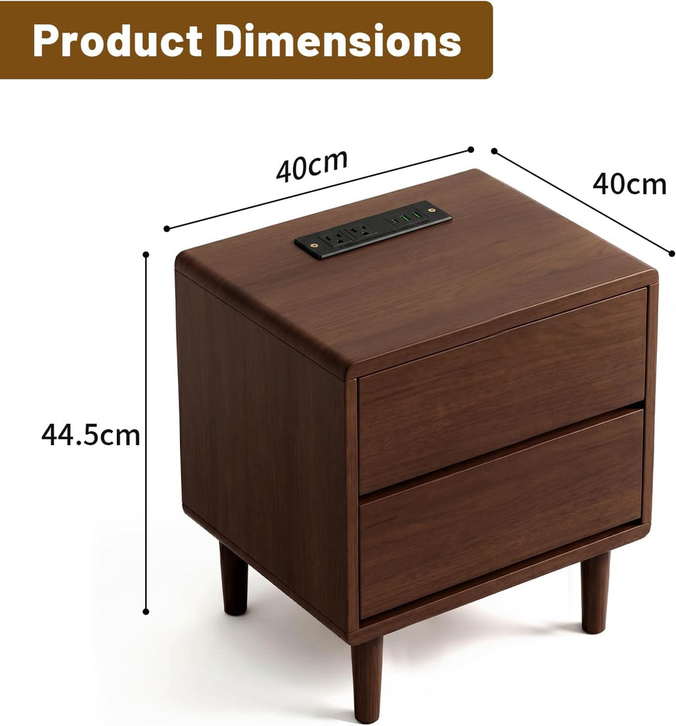 Solid Wood Nightstand with Charging Station,USB-C Port, 15.7 inch Wide End Table with 2 Drawers, Modern Wood Bedside