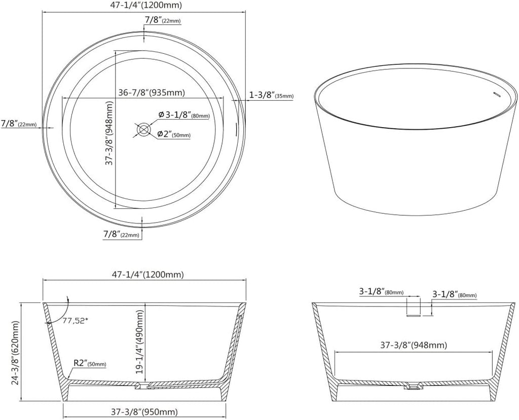 078 48" Round Luxury Stone Resin Solid Surface Freestanding Bathtub White Modern-Roud 48"