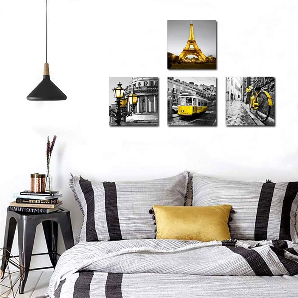 London Paris Decor Wall Canvas Print Black and White Eiffel Tower 4 Panels Yellow Pictures Decorations Living Room