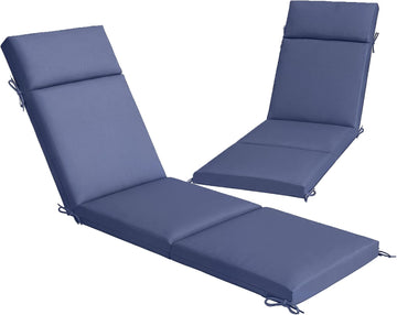 Outdoor Chaise Lounge Cushions Set of 2, Navy Blue | 6 Ties, High-Density Foam, Water-Repellent, UV-Resistant, Patio