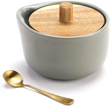 Salt Box base grey color Salt Cellar Elegant Design salt Boxes Big Capacity Wood lid grey Ceramic Base with spoon