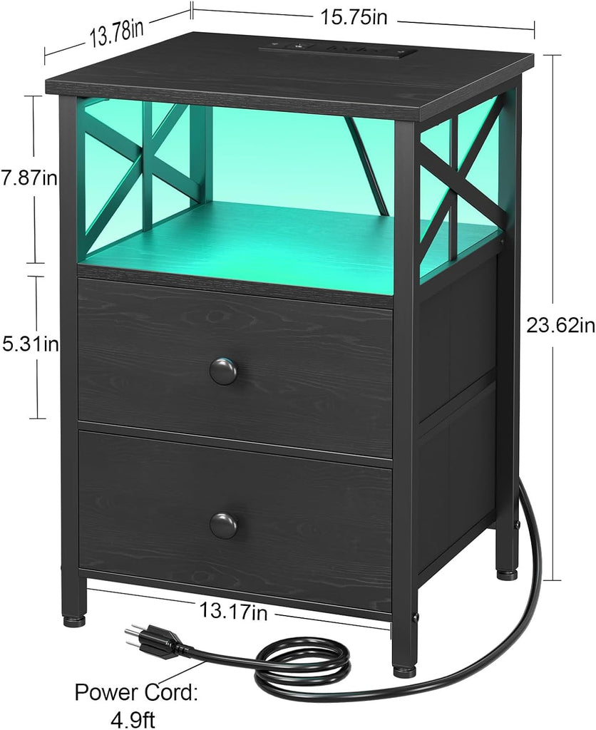 Nightstands Set of 2 with Charging Station, LED Night Stand with 2 Storage Drawers, End Tables with USB Ports and