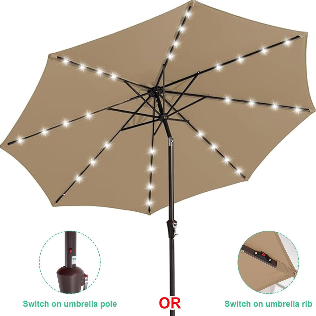 9FT Outdoor Patio Umbrella with Solar Lights, LED Lighted Pool Umbrella with Tilt and Crank - Beige