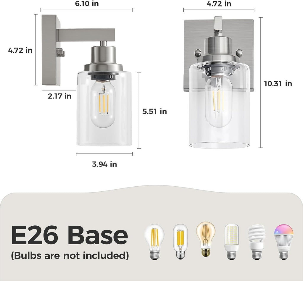 Bathroom Wall Sconces Set of 2,Brushed Nickel Wall Sconce,Vanity Light with Clear Glass Wall Mounted Light