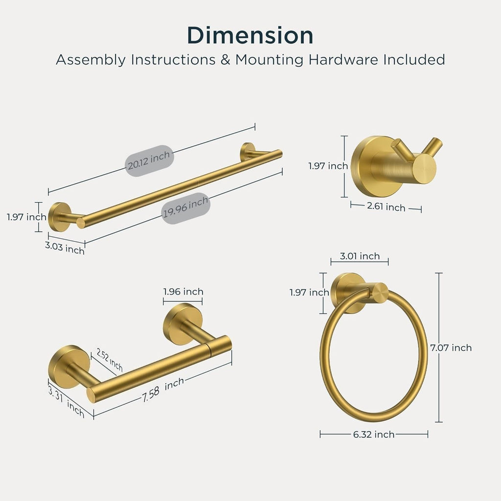 Bathroom Accessories, 4-Piece Bathroom Hardware Set - 18" Towel Bar | Brushed Gold | Towel Hooks, Towel Racks