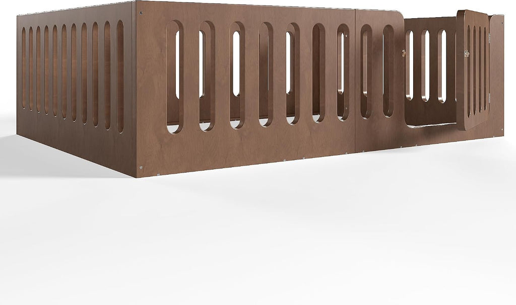 Queen Floor Bed with Door for Kids, Queen Size Floor Bed with High Fence, Wooden Montessori Beds for Kids, Deep