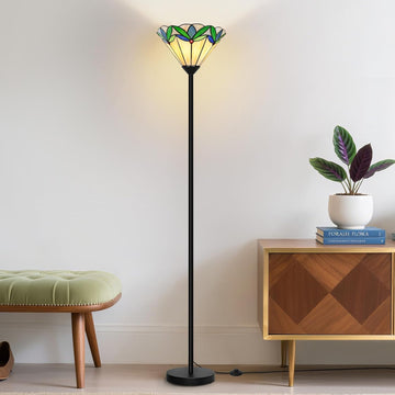 Floor Lamp with Tree Leaf Stained Glass Shade, Torchiere Floor Lamp, Tall Corner Pole Lamp with Foot