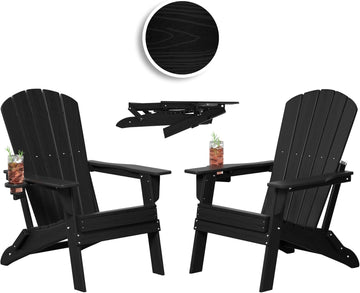 HDPE Folding Adirondack Chair Set of 2 with Cup Holder, Black | SGS Tested, Wooden Textured, Heavy All-Weather HDPE