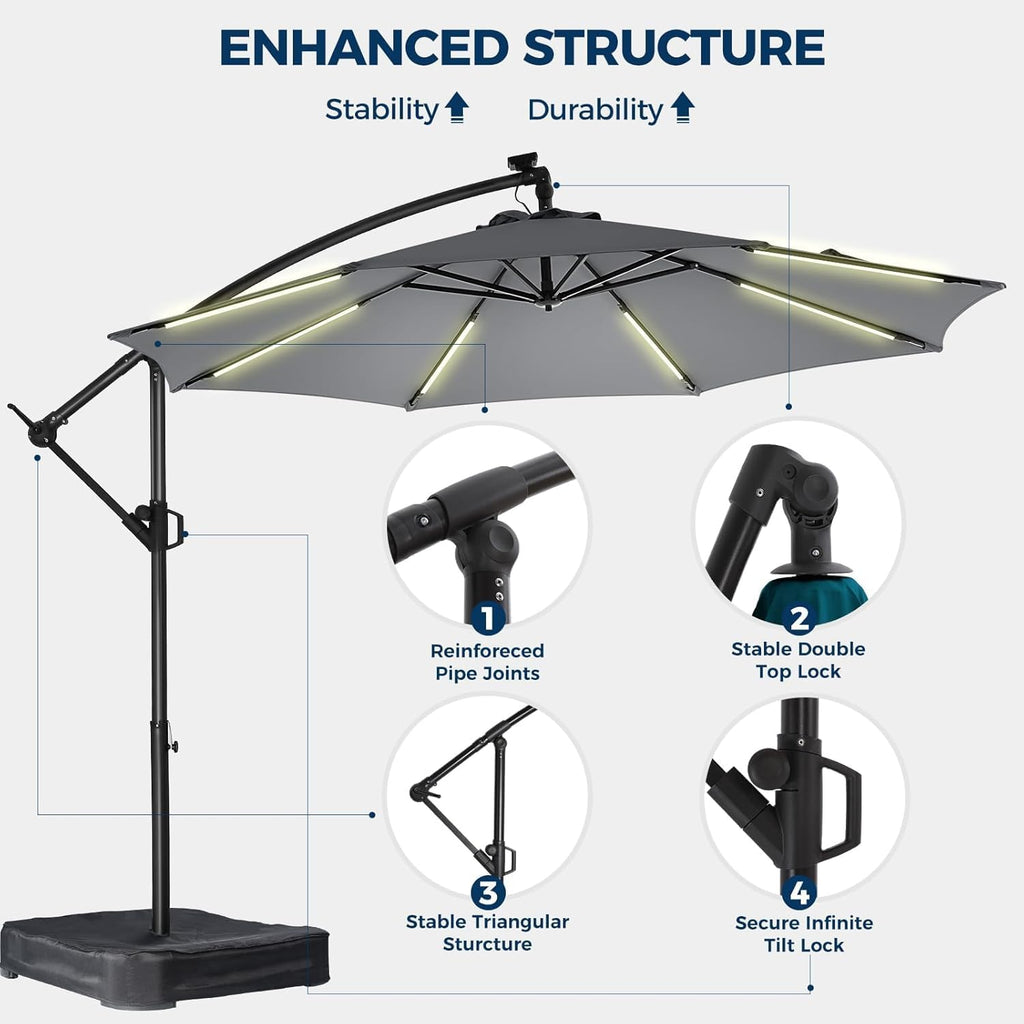 10 ft Offset Patio Umbrella with Solar Lights, LED Lighted Umbrella Outdoor Patio with Base Included