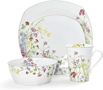 Wildflower Garden Dinnerware Set, 16-Piece Bone China Dishes Service for 4, Square Plates and Bowls Set with Mugs