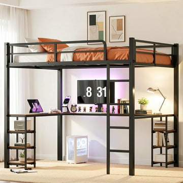 Full Loft Bed with Desk & Open Shelves, Heavy Duty Metal Bed Frame with Safety Guardrails & Ladder