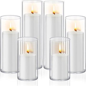 12 PCS White Pillar Candles with Glass Candle Holders Clear Hurricane Candle Holders Glass Cylinder Vases for