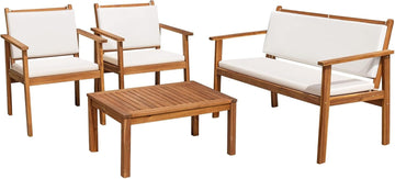 Patio Furniture 4 Piece Outdoor Acacia Wood Patio Conversation Sofa Set with Table & Cushions Porch Furniture for Deck