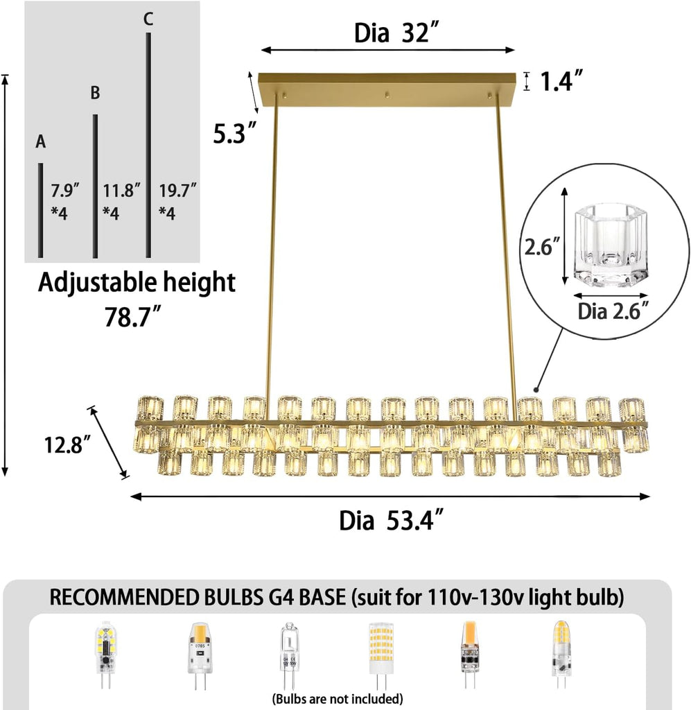 Gold Rectangular Crystal Chandelier Light Fixture 53.4 in Dining Room Chandelier Over Table Modern Farmhouse Ceiling Pendant Hanging Light Fixture for Living Room, Kitchen Island (Bulb not Included)