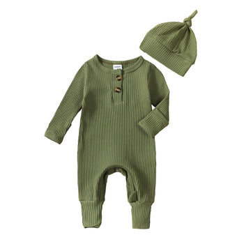 Newborn Baby Boy Knit jumpsuit Ribbbed Romper Coming Home Outfit Infant Fall Winter Clothes with Hat (Cute Ribbed