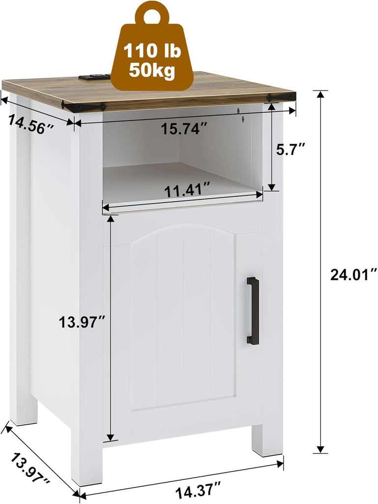 Farmhouse Nightstand with Charging Station, Set of 2 End Table with USB/Type-C Ports, Rustic Bedside Table with Large