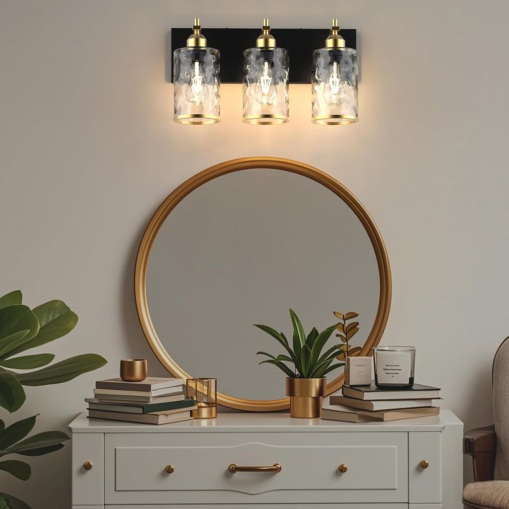 3-Light Bathroom Vanity Light Fixtures, Modern Bathroom Lighting Fixtures Over Mirror with Golden Wave Glass