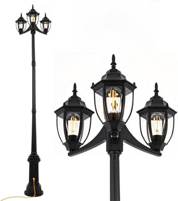 Outdoor Post Light Dusk to Dawn Sensor 3-Head Outdoor Lamp Post with Outlet Gfci