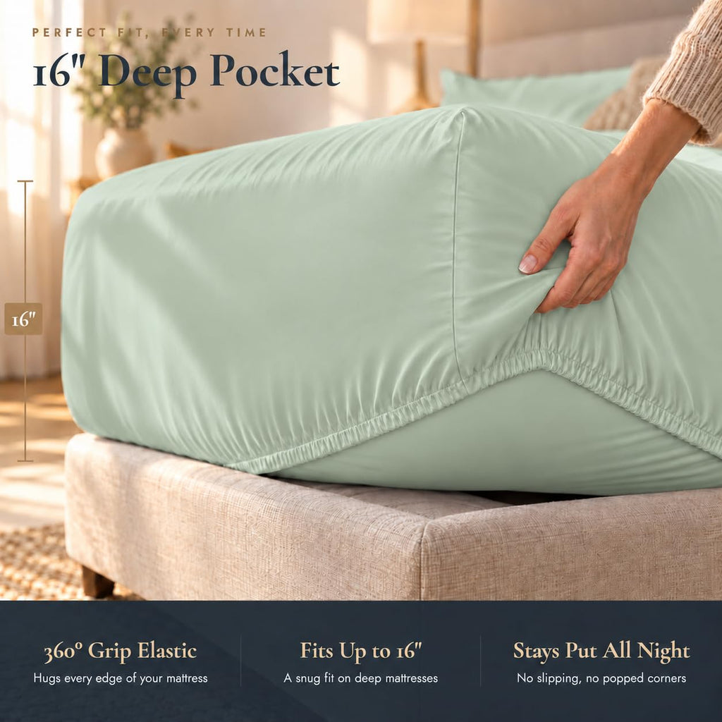 Split King Sheets for Adjustable Bed, 7Pc Egyptian Cotton Bed Sheets, Sage
