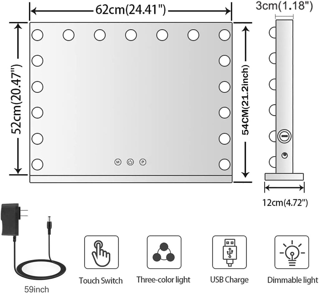 24.4"x21.2" Vanity Mirror with Lights, Lighted Makeup Mirror with 3 Dimmable Color Modes,17 LED Hollywood Mirror with