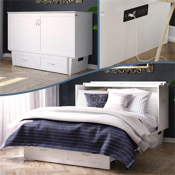 Queen Murphy Bed Chest with 6" Mattress, Storage Drawer & Built-in USB Charger, White