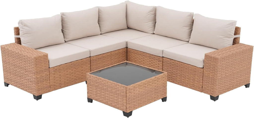 6-Piece Patio Wicker Sectional Furniture Set, Outdoor Modular Couch | L-Shaped Couch, 7.7" Wide Armrests, Thick