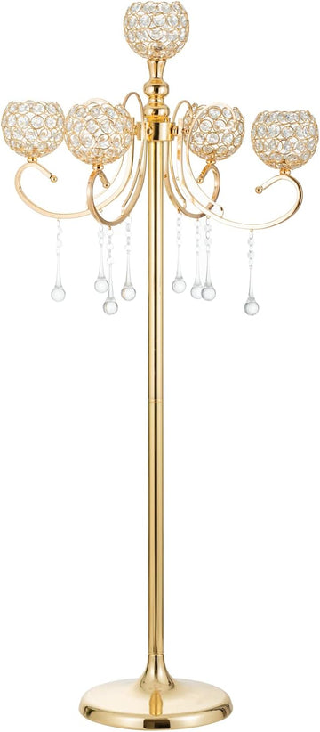 Gold Floor Candelabra for centerpieces, 45.3in Tall 5-Branch Candle Holder with Crystal Beaded Chandelier Holder Standon