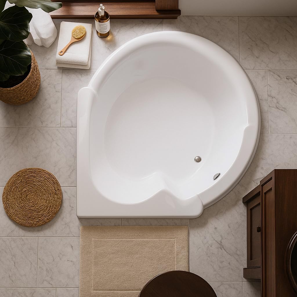 Tubs - CW6464 - Modern Acrylic Fiberglass Soaking Corner Bathtub - Drop in White Curved Rounded Acrylic Corner Bath