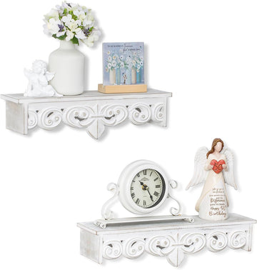Whitewashed Wood Floating Wall Shelves Set of 2, 16.5in & 15in Long | Shelves with Crown Molding Details, Distressed