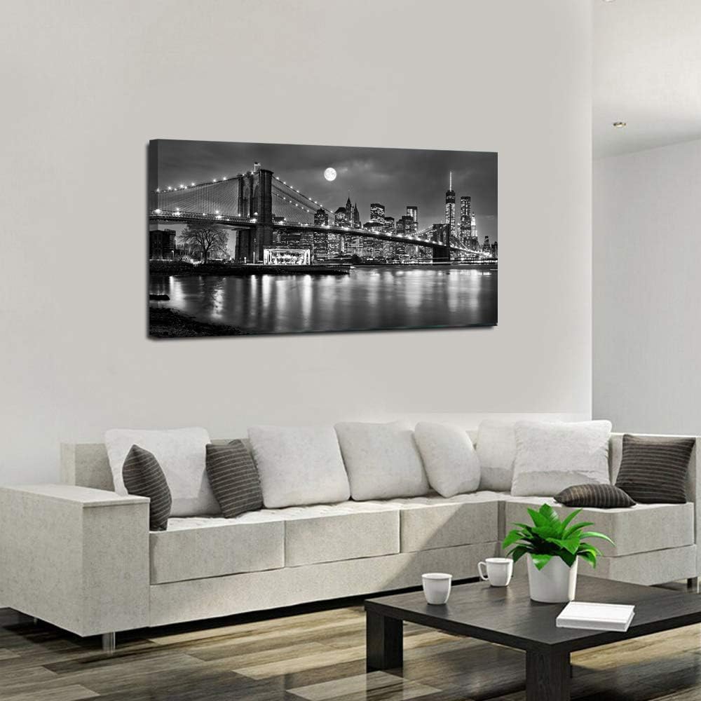 Black and White New York Picture Brooklyn Bridge Canvas Wall Art Full Moon Night Manhattan City Poster Canvas Print