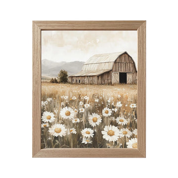 Framed Rustic Barn with Daisies Canvas Wall Art, Countryside Landscape Painting Print, Natural Farmhouse Home Decor