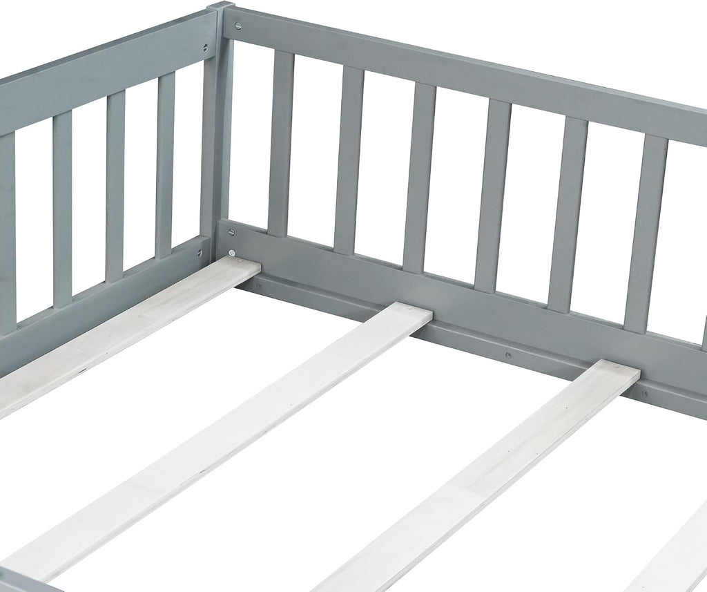 Full Size Montessori Floor Bed with Slats, Door and Guardrails, Gary | Low Profile Montessori Bed with Fence, Easy