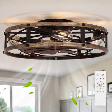 22" Farmhouse Ceiling Fan with Light, Rustic Caged Bladeless Low Profile Ceiling Fans with Lights and Remote