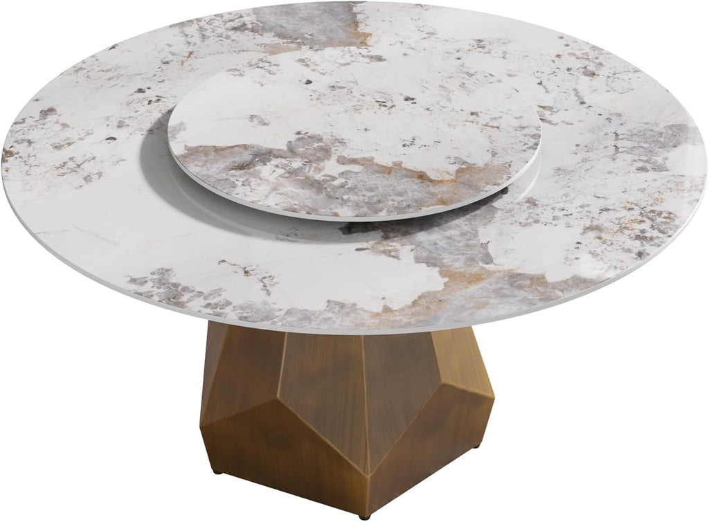 59" Modern Artificial Marble Round Dining Table with Antique Brass Metal Base & 31.5" White Sintered Stone Turntable