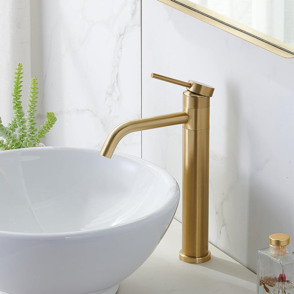 Gold Vessel Sink Faucet, 360 Swivel Brushed Gold Vessel Faucet, Single Handle Tall Body Farmhouse Vessel Faucet