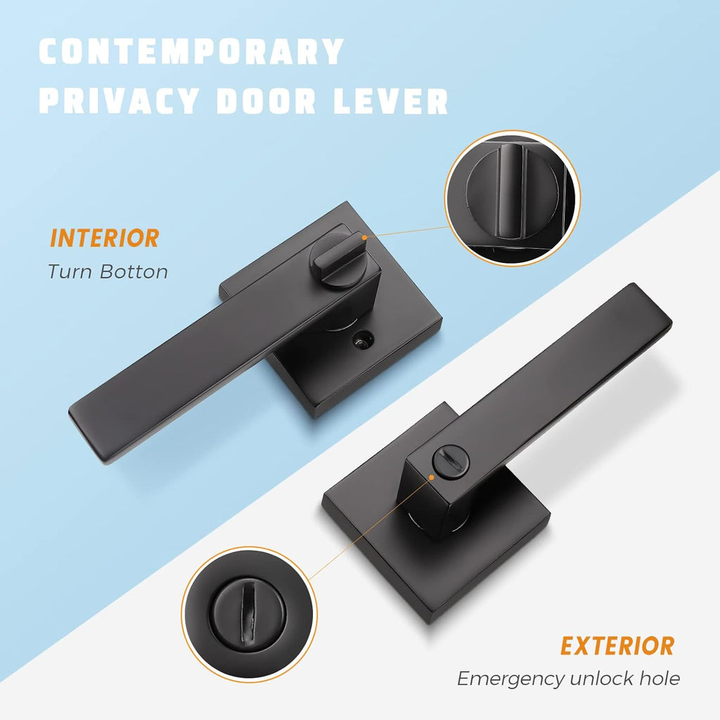6 Pack Door Handles Black, Privacy Door Lever Bed and Bath Leverset Lockset, Left or Right Handing