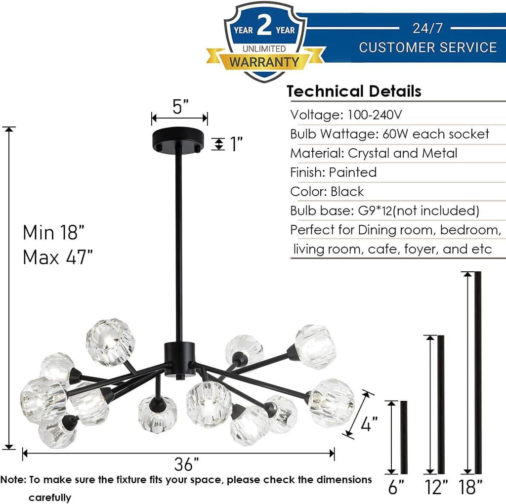Sputnik Chandeliers for Dining Room Light Fixture Over Table, Modern Crystal Chandeliers, 12 Lights Black Lighting Fixtures for Living Room Bedroom Kitchen Island Bar