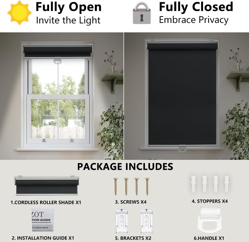 100% Blackout Indoor Cordless Roller Shades for Windows,Room Darkening Rolled Up Blinds with Spring System,Thermal