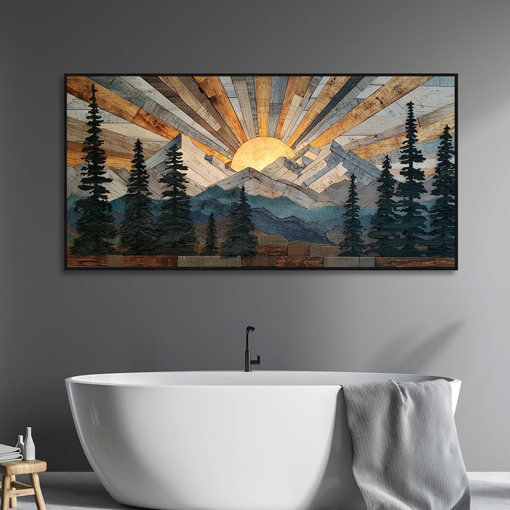 Boho Mountain Framed Wall Art Sunrise Pine Tree Forest Nature Scenery Painting Pictures Farmhouse Wall Decor Rustic